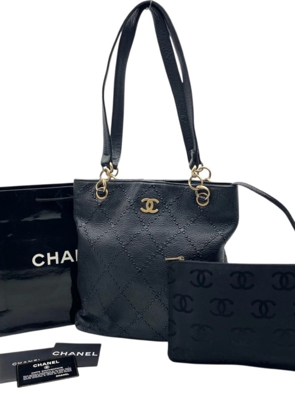 Chanel Coco Mark Wild Stitch
Black Leather Tote Bag W/Pouch W/B